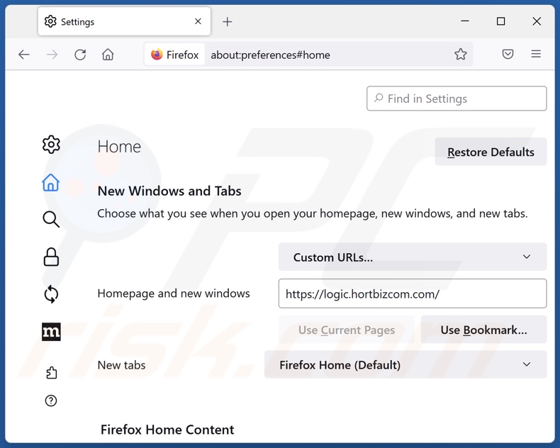 Removing logic.hortbizcom.com from Mozilla Firefox homepage