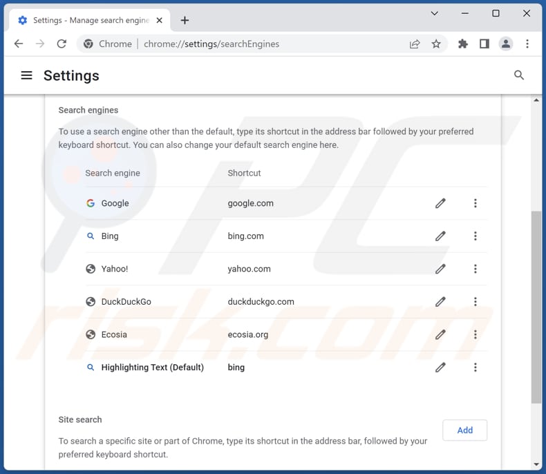 Removing bing.com from Google Chrome default search engine