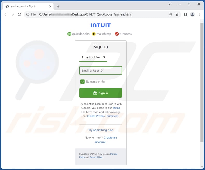 Intuit Quickbooks encrypted message email scam attachment (ACH-EFT_Quickbooks_Payment.html)