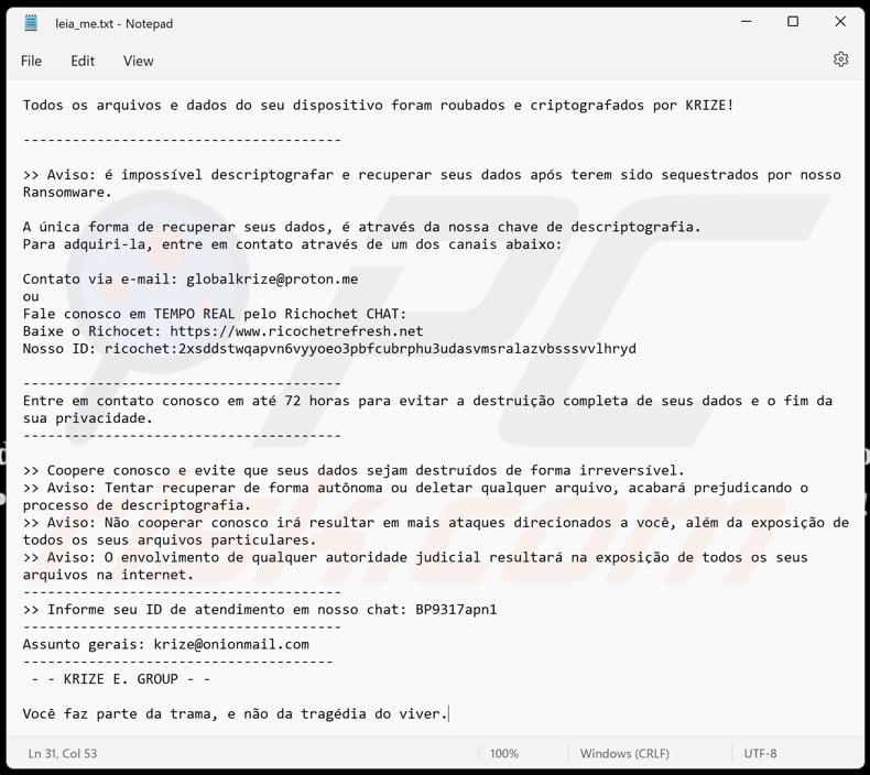 Krize ransomware text file (leia_me.txt)