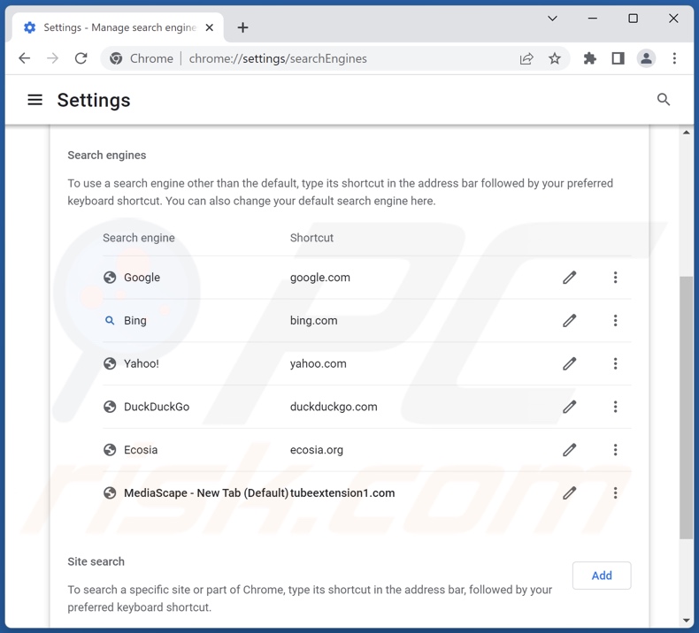 Removing tubeextension1.com from Google Chrome default search engine