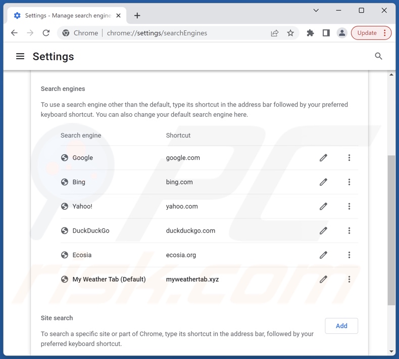 Removing myweathertab.xyz from Google Chrome default search engine