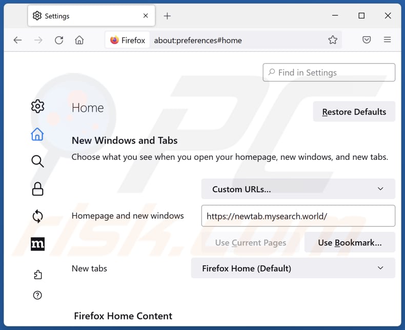 Removing mysearch.world from Mozilla Firefox homepage