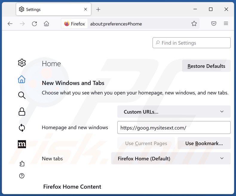 Removing goog.mysitesext.com from Mozilla Firefox homepage