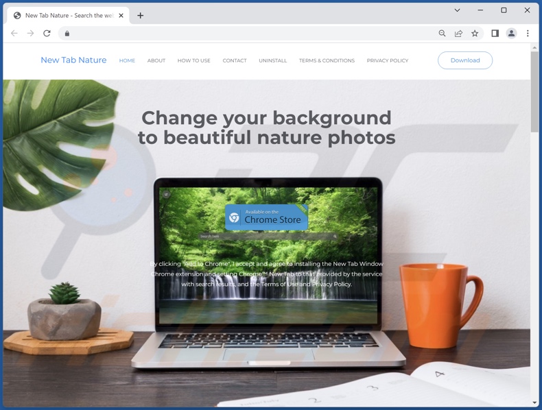 Website used to promote New Tab Nature browser hijacker