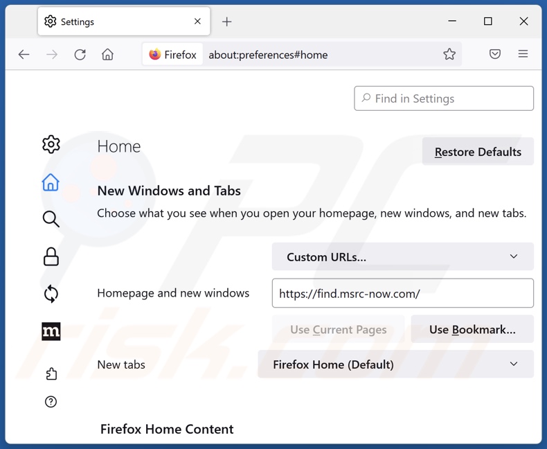 Removing find.msrc-now.com from Mozilla Firefox homepage
