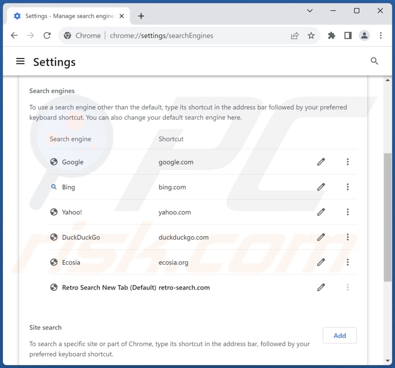 Removing retro-search.com from Google Chrome default search engine