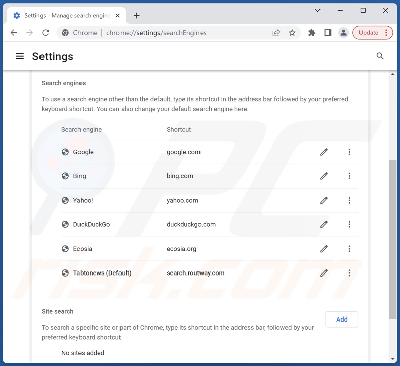 Removing search.routway.com from Google Chrome default search engine