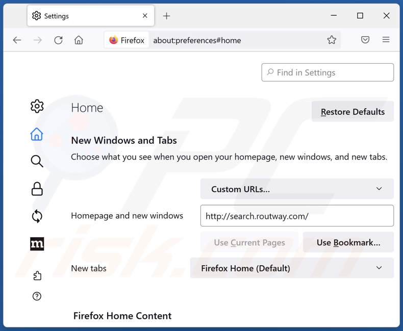 Removing search.routway.com from Mozilla Firefox homepage