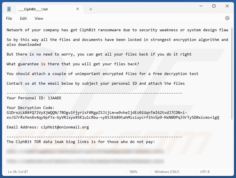 CiphBit ransomware ransom note (____CiphBit____!.txt)