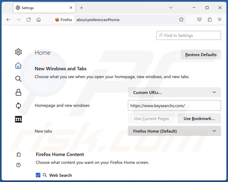 Removing keysearchs.com from Mozilla Firefox homepage