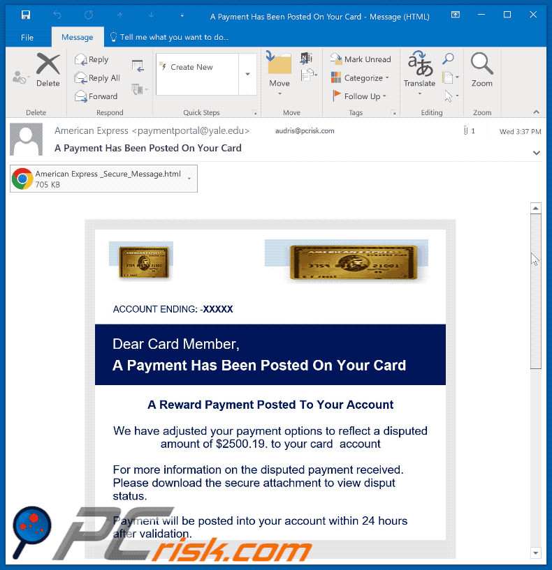 A Payment Has Been Posted On Your Card scam email appearance (GIF)