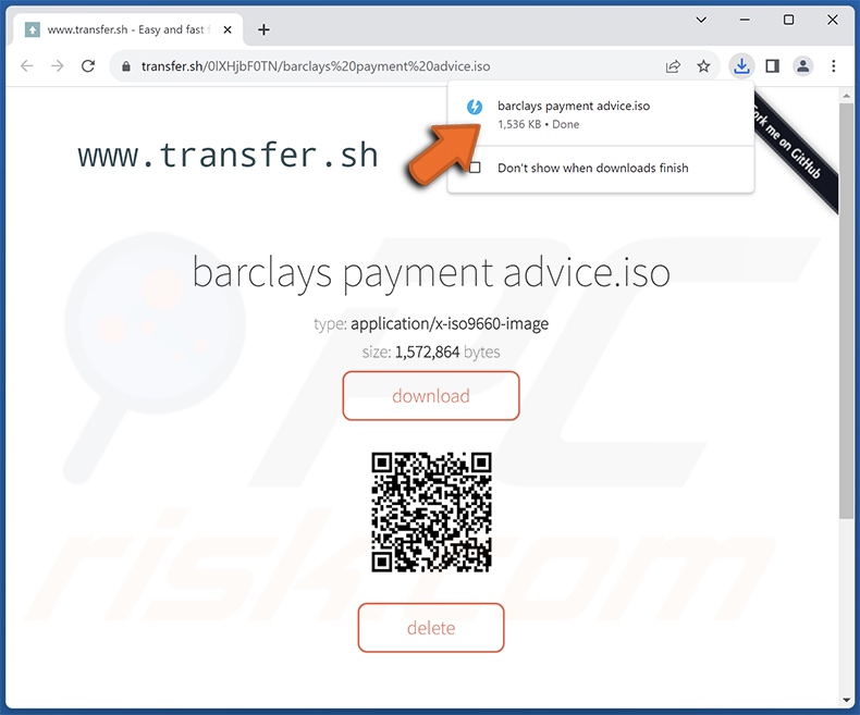 Barclays Payment Advice spam campaign promoted file-sharing site hosting the malicious file (barclays payment advice.iso)