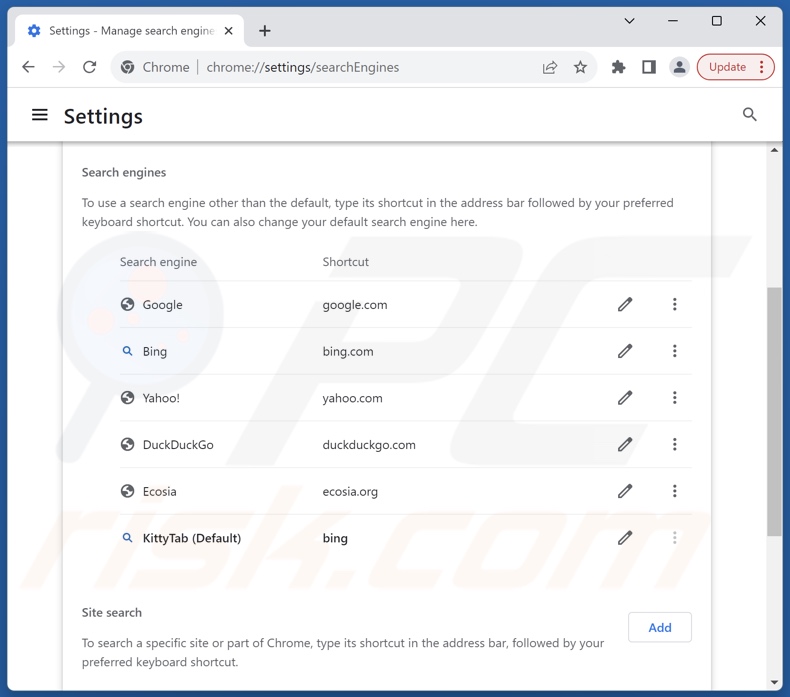 Removing kittytab.com from Google Chrome default search engine