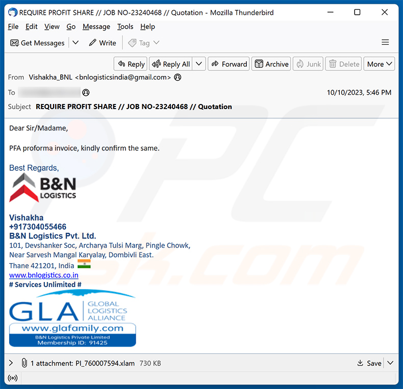 Proforma invoice email scam (2023-10-11)