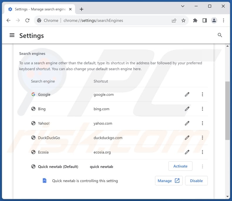 Removing quicknewtab.com from Google Chrome default search engine