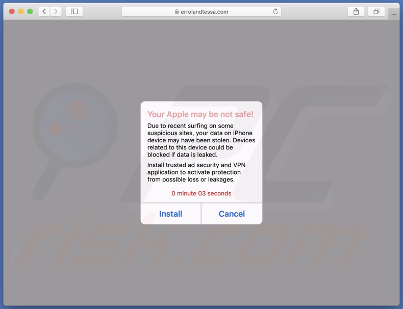 Your Apple May Be Not Safe! scam appearance on a computer (2nd pop-up)