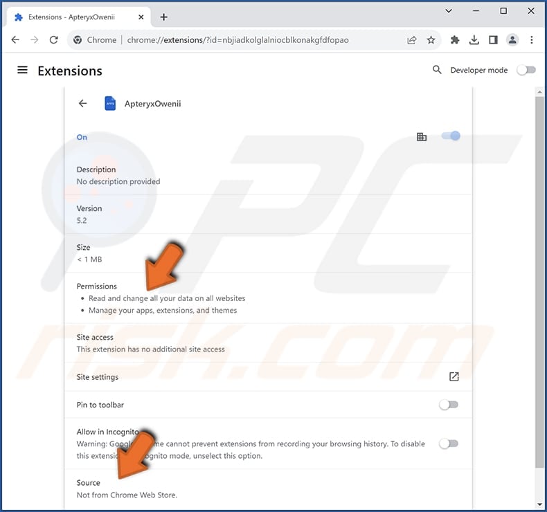 ApteryxOwenii malicious extension app information