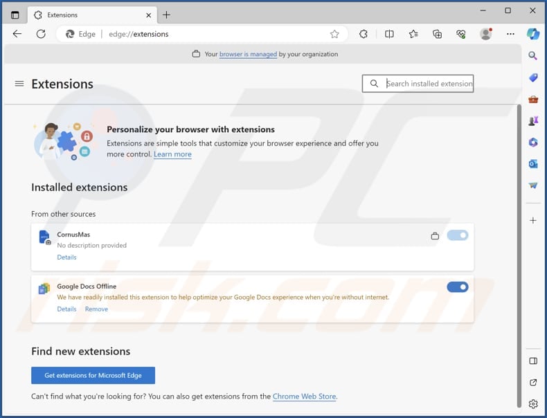 CornusMas malicious extension on Edge browser