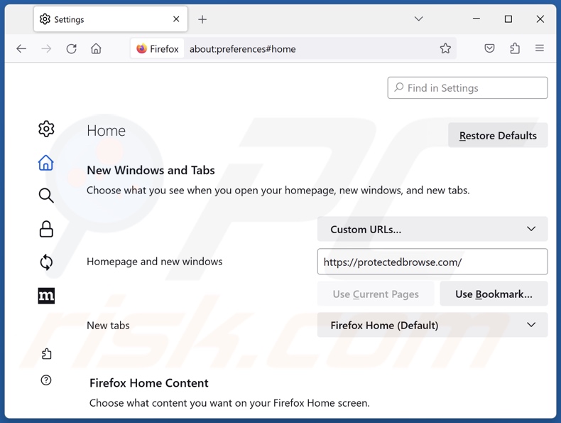 Removing protectedbrowse.com from Mozilla Firefox homepage