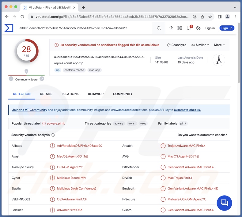 Repressionist.app adware detections on VirusTotal