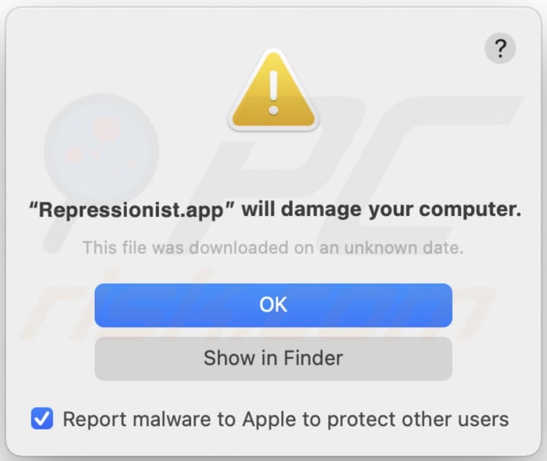 Pop-up displayed when Repressionist.app app is detected on the system