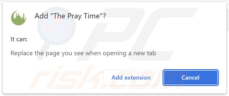 The Pray Time browser hijacker asking for permissions
