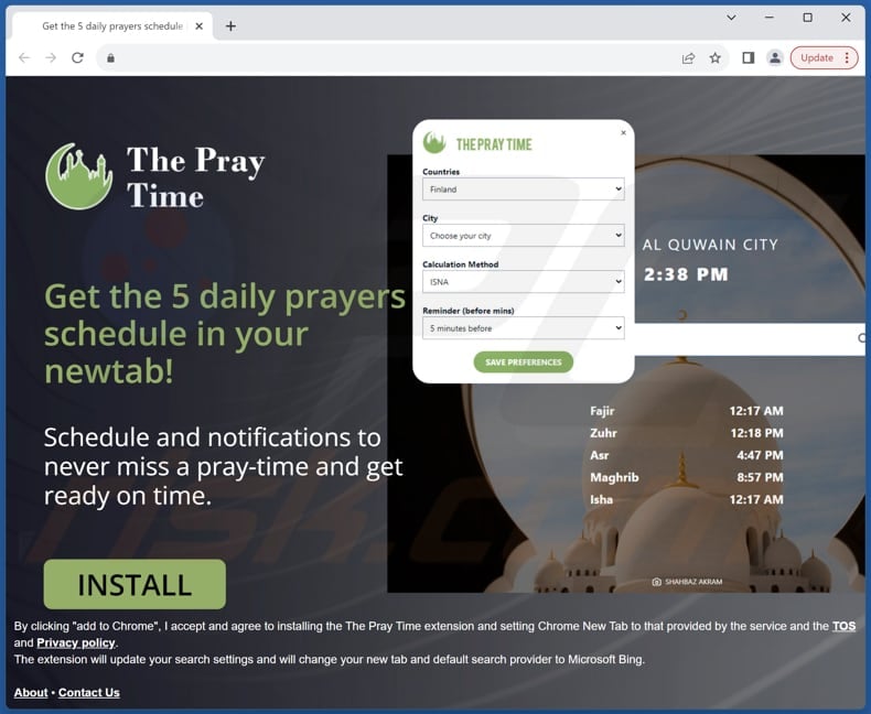 Website used to promote The Pray Time browser hijacker