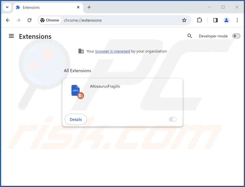 Removing AllosaurusFragilis malicious extension from Google Chrome step 2