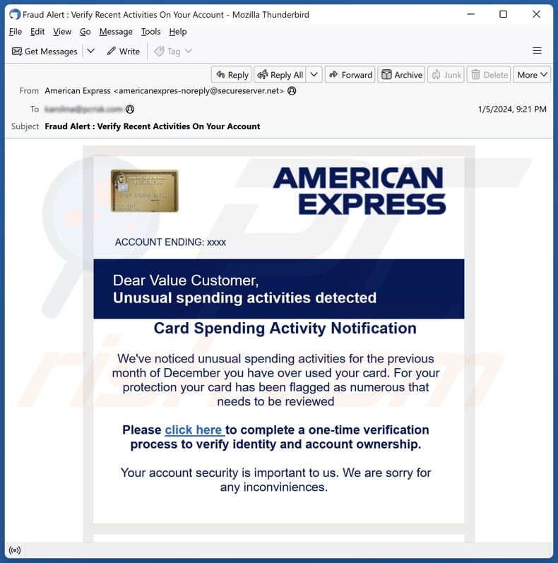 American Express - Unusual Spending Activities Detected email spam campaign