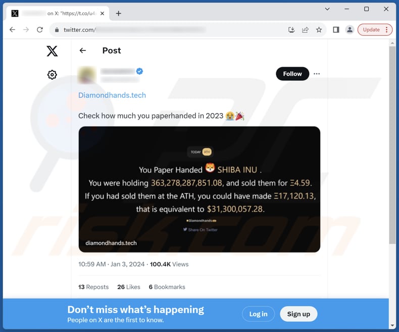 Diamondhands Wallet Analyser X (Twitter) post promoting the scam