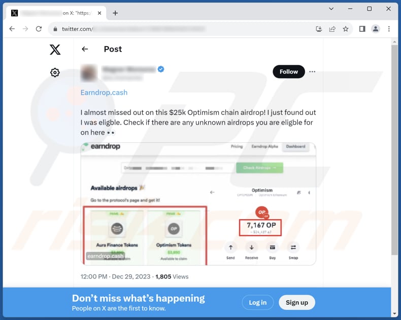 Earndrop scam X (Twitter) post promoting the scam