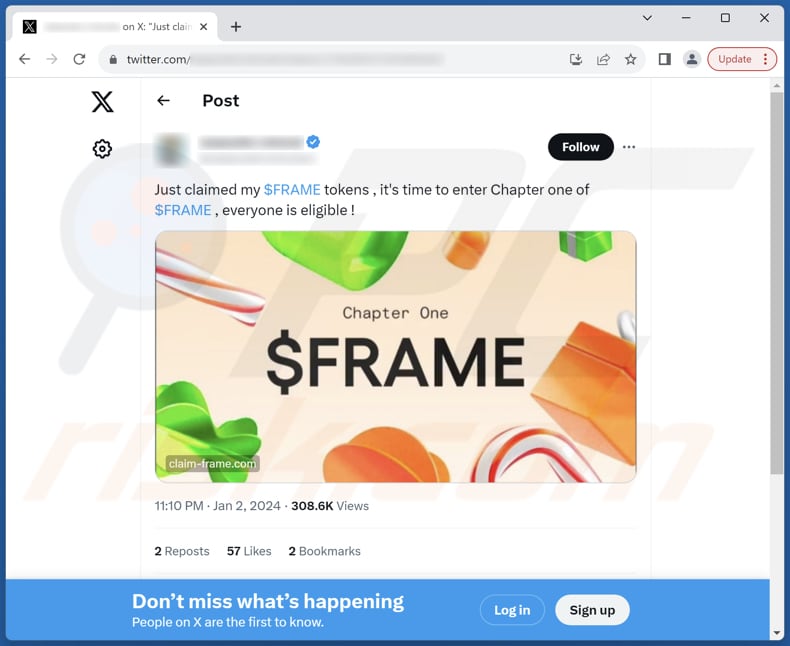 Frame Airdrop scam X (Twitter) post used for promotion