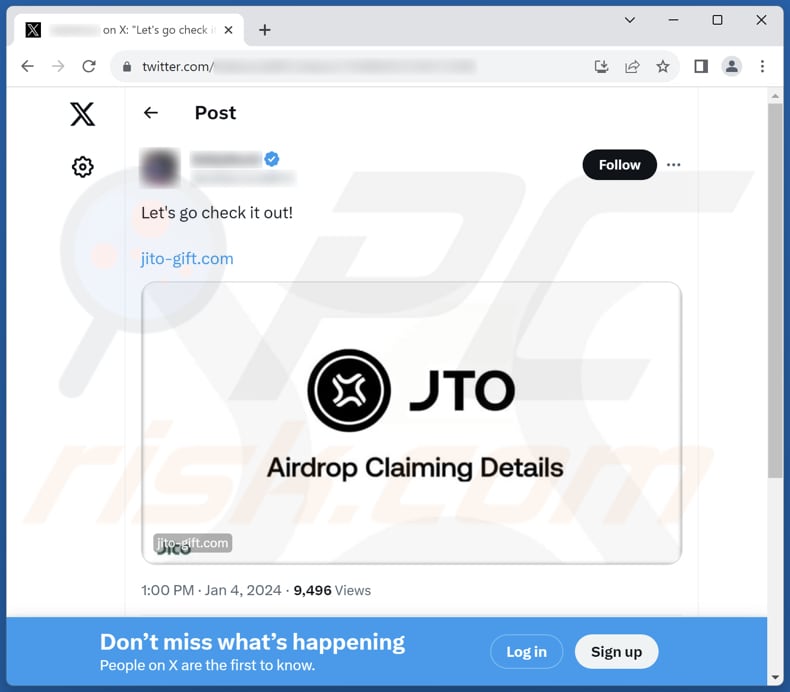 Jito (JTO) Token airdrop scam X (Twitter) post promoting the scam