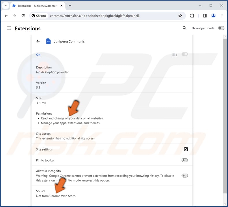JuniperusCommunis malicious extension app info