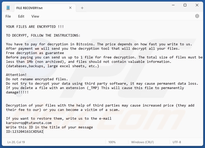 Karsovrop ransomware ransom note (FILE RECOVERY.txt)