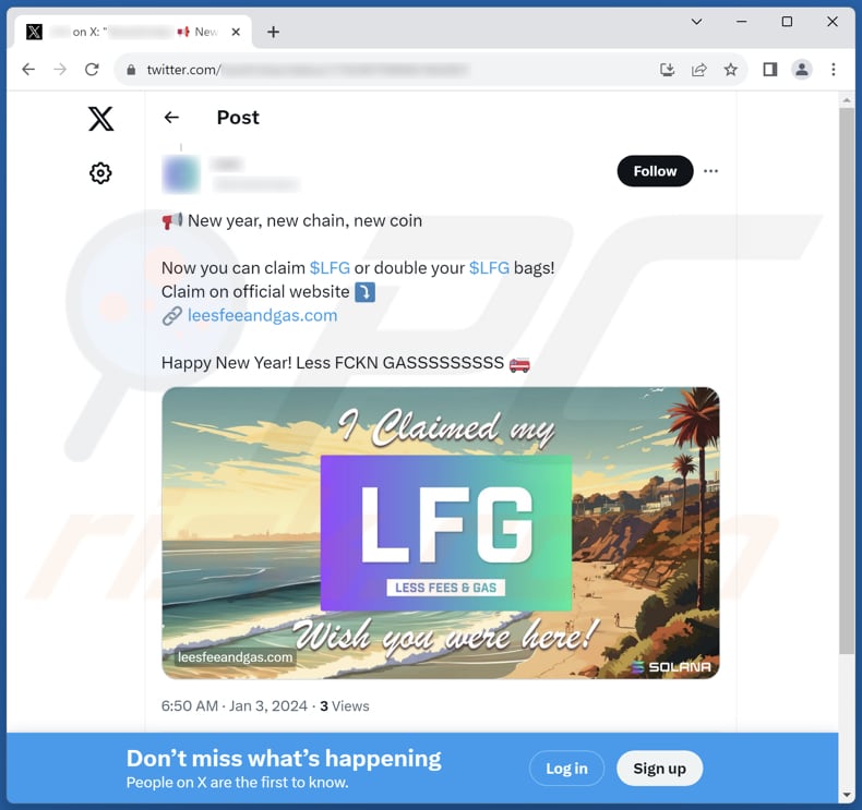 Less fees & gas scam X (Twitter) post promoting the scam