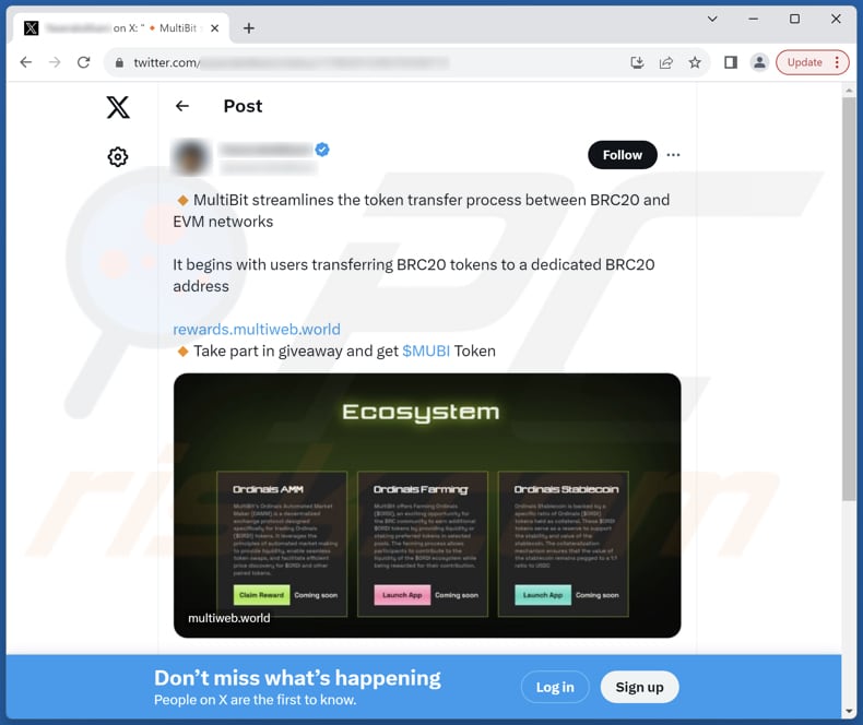 MultiBit airdrop scam post on X (Twitter) promoting the scam