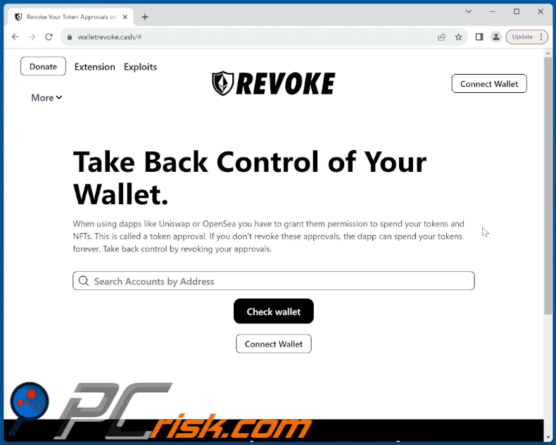 Appearance of walletrevoke.cash fake website