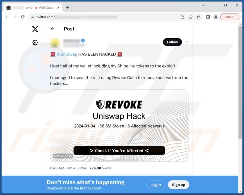 Revoke.cash scam post on X (Twitter) promoting the scam