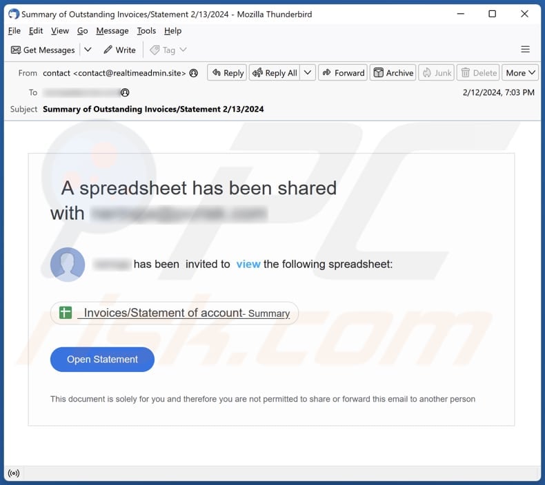 A Spreadsheet Has Been Shared email spam campaign