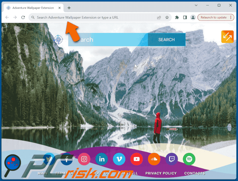 Adventure Wallpaper Extension browser hijacker adventurewallpaper.com shows bing results