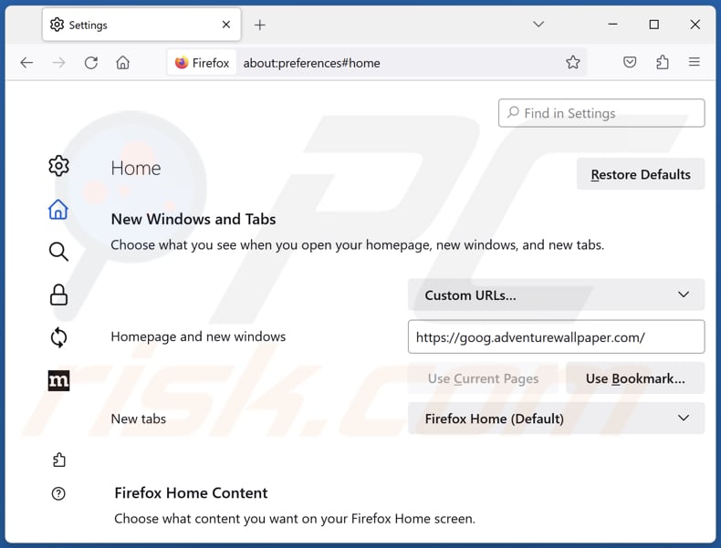 Removing adventurewallpaper.com from Mozilla Firefox homepage
