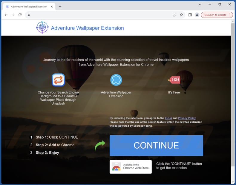 Website used to promote Adventure Wallpaper Extension browser hijacker