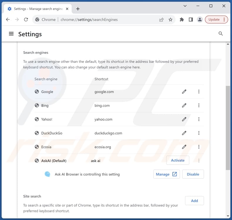 Removing askaibrowser.com from Google Chrome default search engine