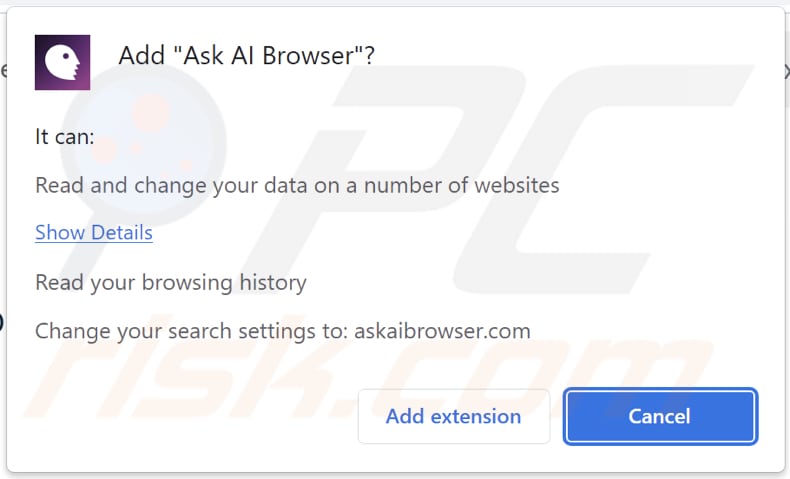 Ask AI Browser browser hijacker asking for permissions