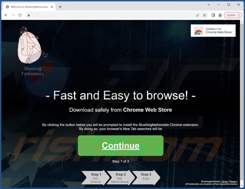 Website used to promote Blushingfashionista browser hijacker