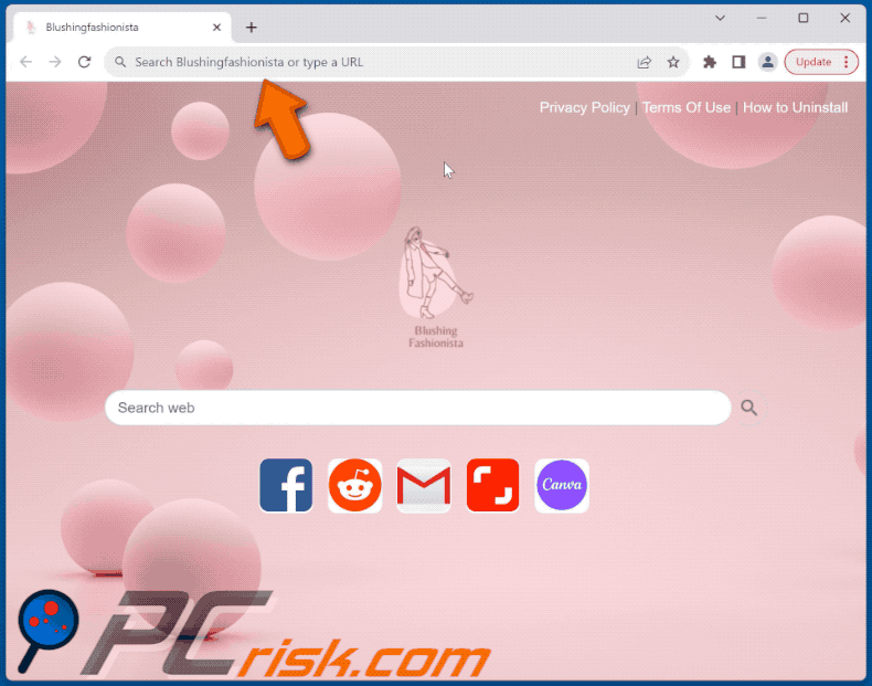 Blushingfashionista browser hijacker redirecting to Bing (GIF)