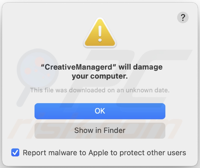 Pop-up displayed when CreativeManager adware is detected on the system