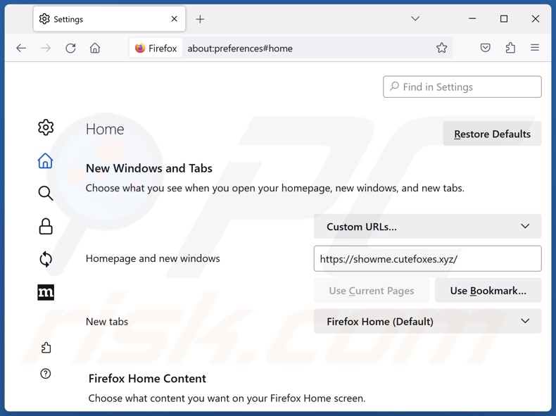 Removing cutefoxes.xyz from Mozilla Firefox homepage